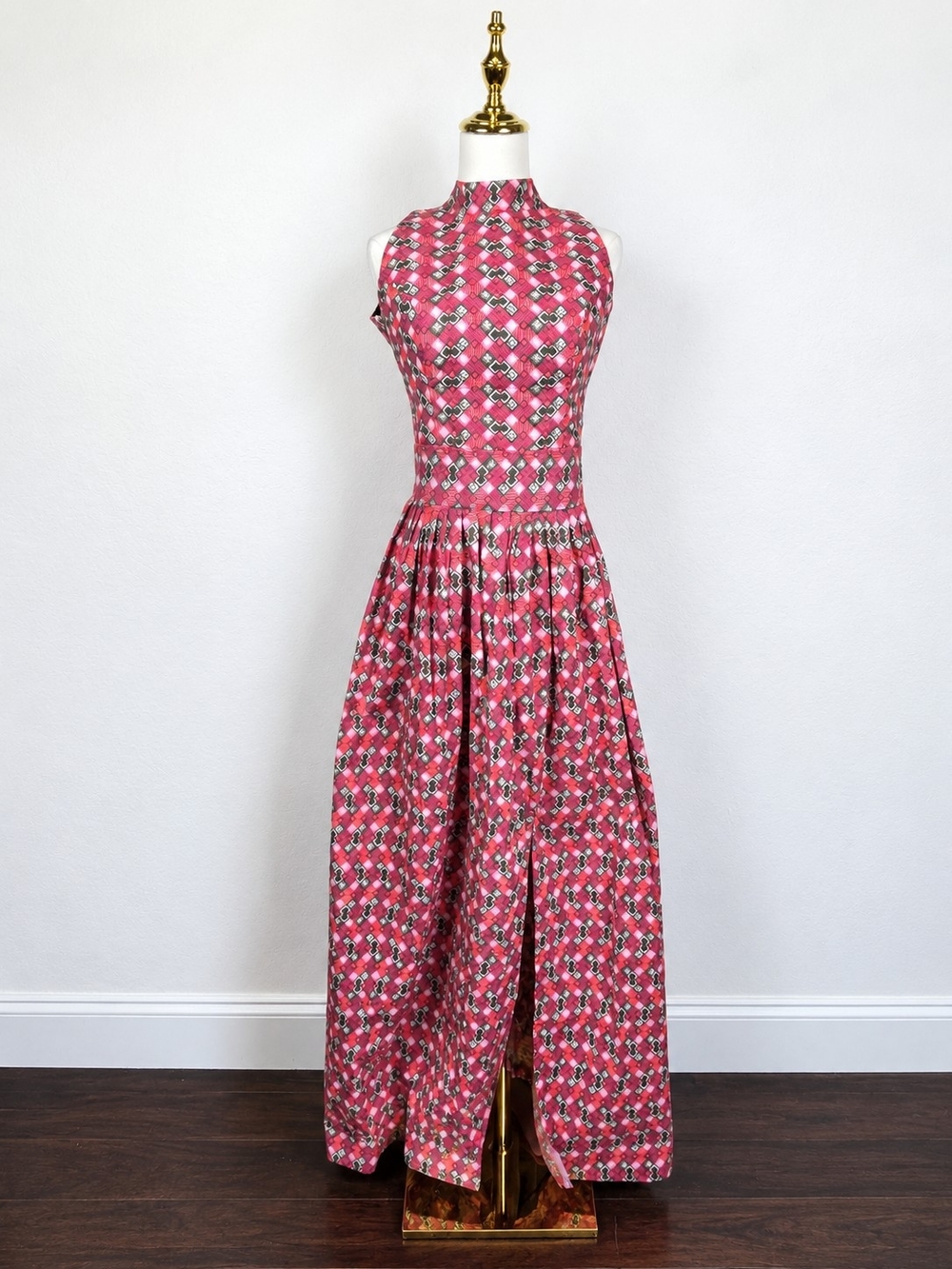 Vintage 70s Pink Wax Print Maxi Dress Star Zip Horsehair Hem Mod Boho Retro S/M